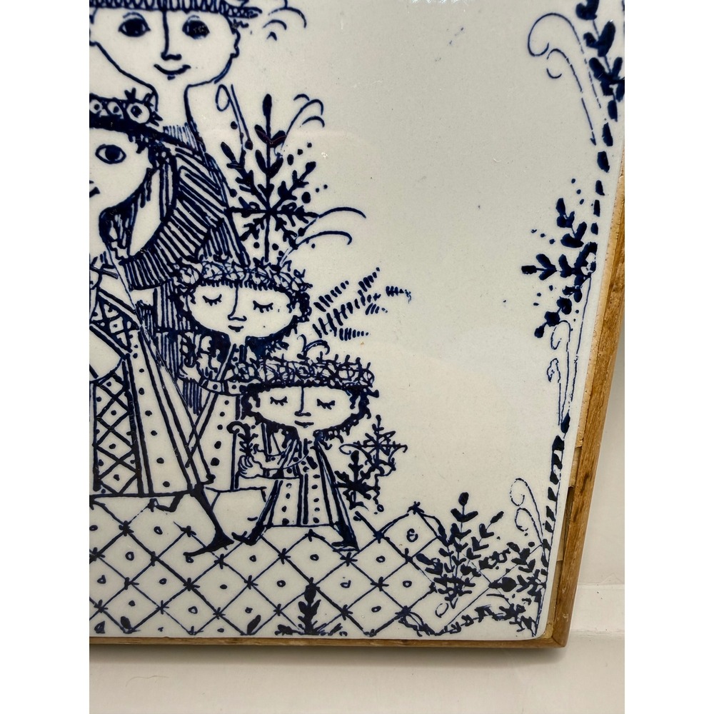 Vintage Bjorn Wiinblad Ceramic Trivet Blue White Danish Modern Wood Frame 6x6 - Picture 10 of 16